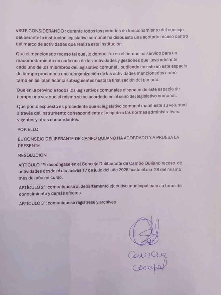 Resolución sin respaldo legal para el receso de los concejales de Campo Quijano